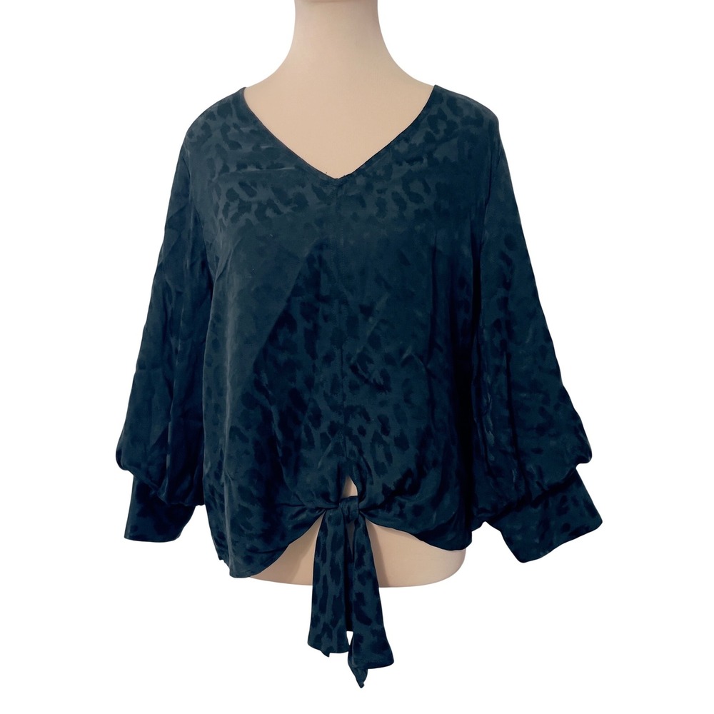 FIFTEEN TWENTY Blouse L Black Leopard Print Tie Front Balloon Sleeve V-Neck